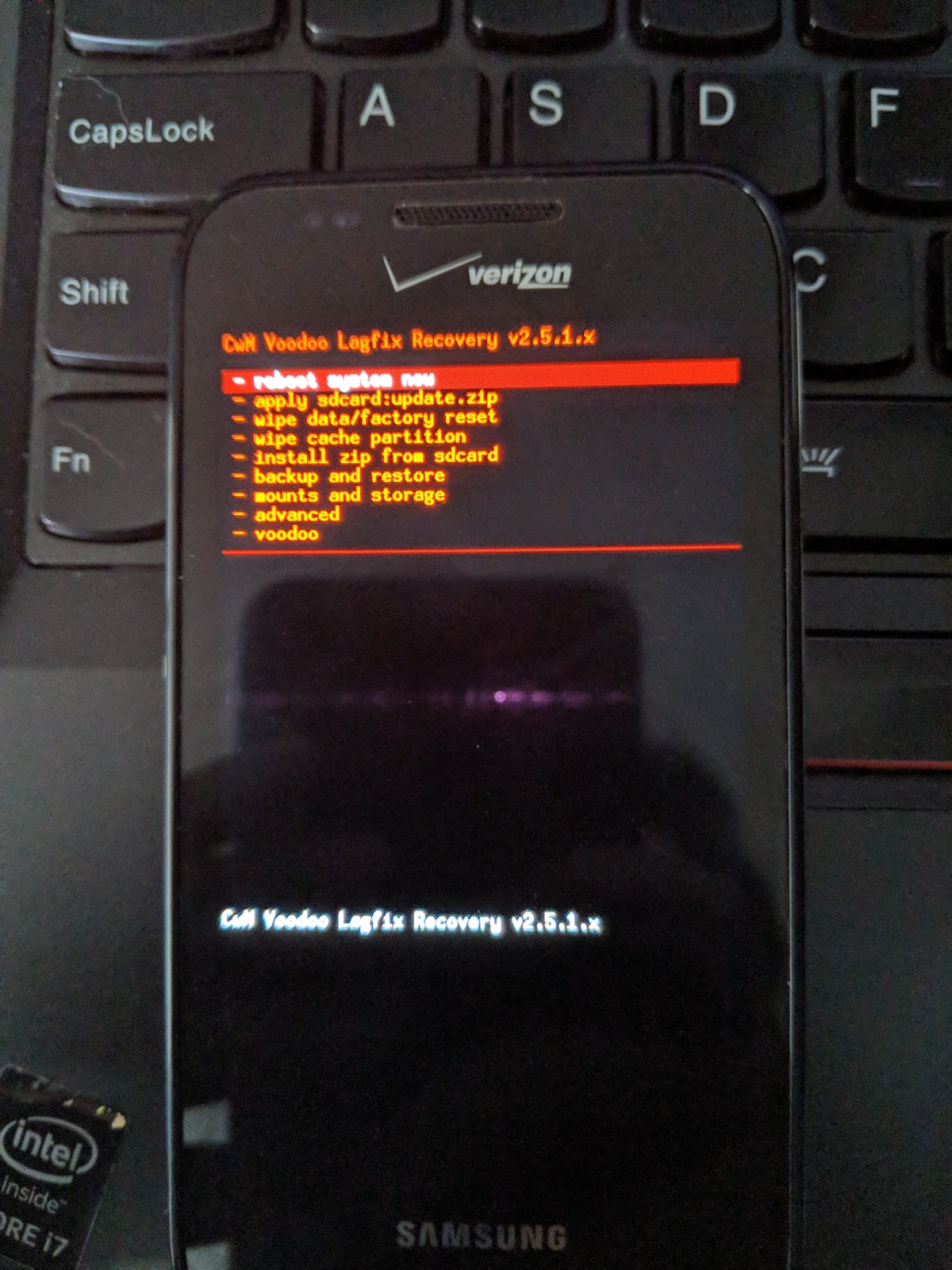 Phone showing custom recovery